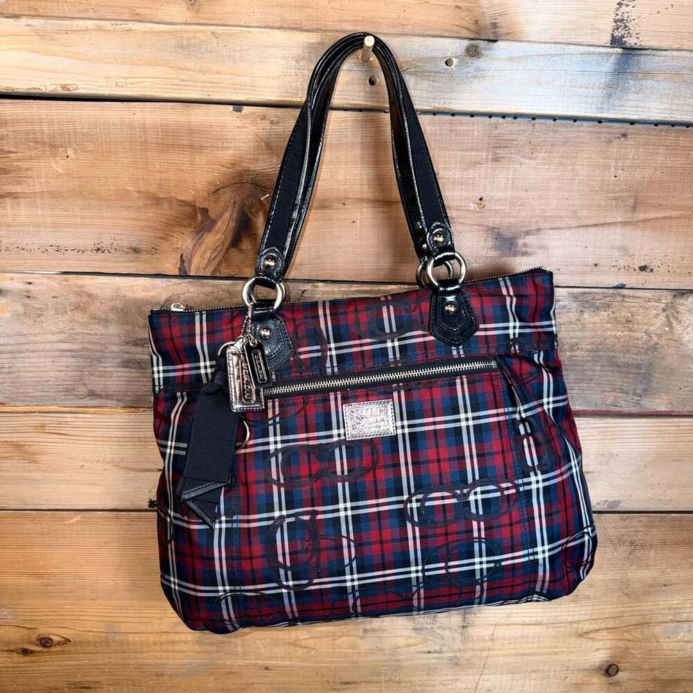 Coach Poppy Tartan Plaid Glam Tote Handbag Red Black Plaid